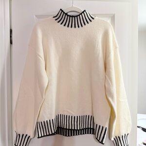 Cream Mock Neck Stripe Trim Sweater